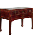 Dark red wood Chinese antique console table with three drawers and horse hoof legs, early 20th century.