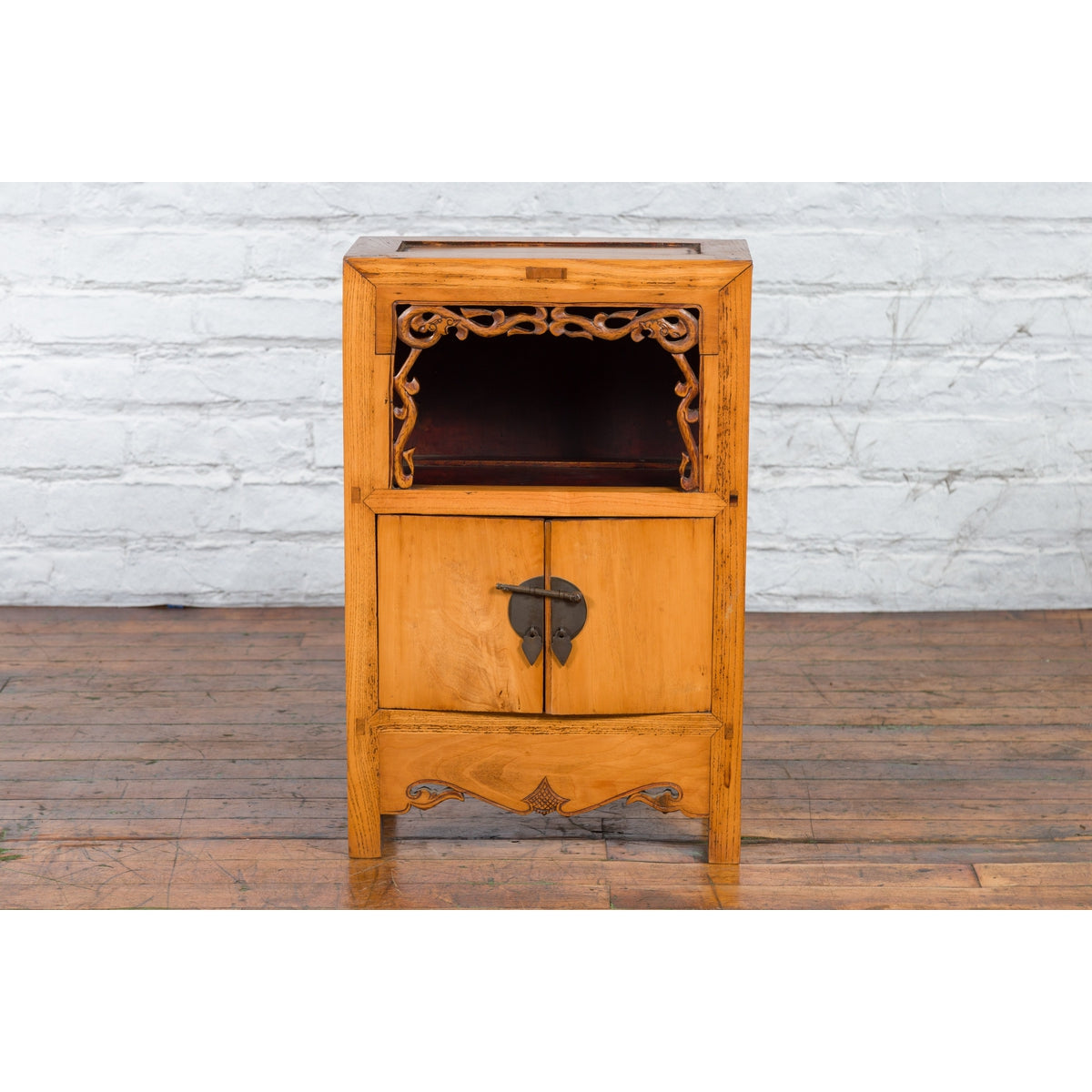 19th Century Chinese Qing Dynasty Small Cabinet with Carved Shelf and Apron-2. Asian & Chinese Furniture, Art, Antiques, Vintage Home Décor for sale at FEA Home