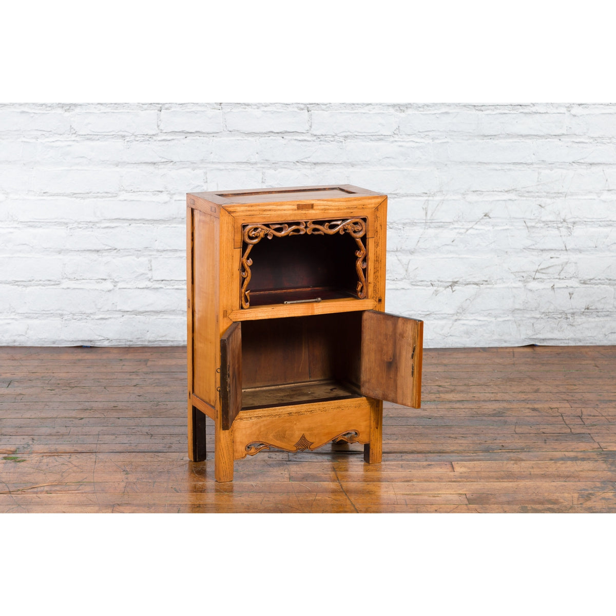 19th Century Chinese Qing Dynasty Small Cabinet with Carved Shelf and Apron-4. Asian & Chinese Furniture, Art, Antiques, Vintage Home Décor for sale at FEA Home
