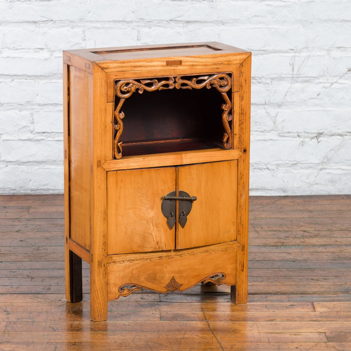 19th Century Chinese Qing Dynasty Small Cabinet with Carved Shelf and Apron-9. Asian & Chinese Furniture, Art, Antiques, Vintage Home Décor for sale at FEA Home