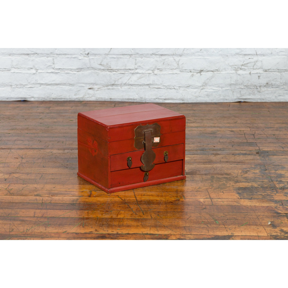 Chinese Early 20th Century Red Lacquer Jewelry Box with Bronze Hardware-4. Asian & Chinese Furniture, Art, Antiques, Vintage Home Décor for sale at FEA Home