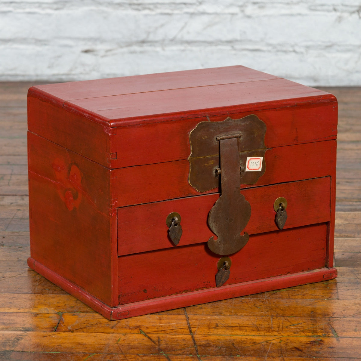 Chinese Early 20th Century Red Lacquer Jewelry Box with Bronze Hardware-12. Asian & Chinese Furniture, Art, Antiques, Vintage Home Décor for sale at FEA Home