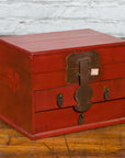 Chinese Early 20th Century Red Lacquer Jewelry Box with Bronze Hardware-12. Asian & Chinese Furniture, Art, Antiques, Vintage Home Décor for sale at FEA Home