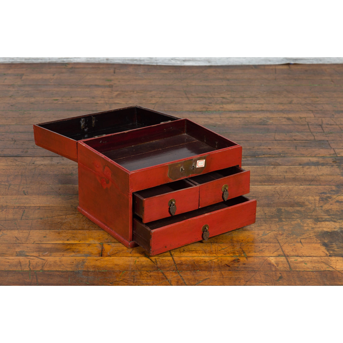 Chinese Early 20th Century Red Lacquer Jewelry Box with Bronze Hardware-13. Asian & Chinese Furniture, Art, Antiques, Vintage Home Décor for sale at FEA Home