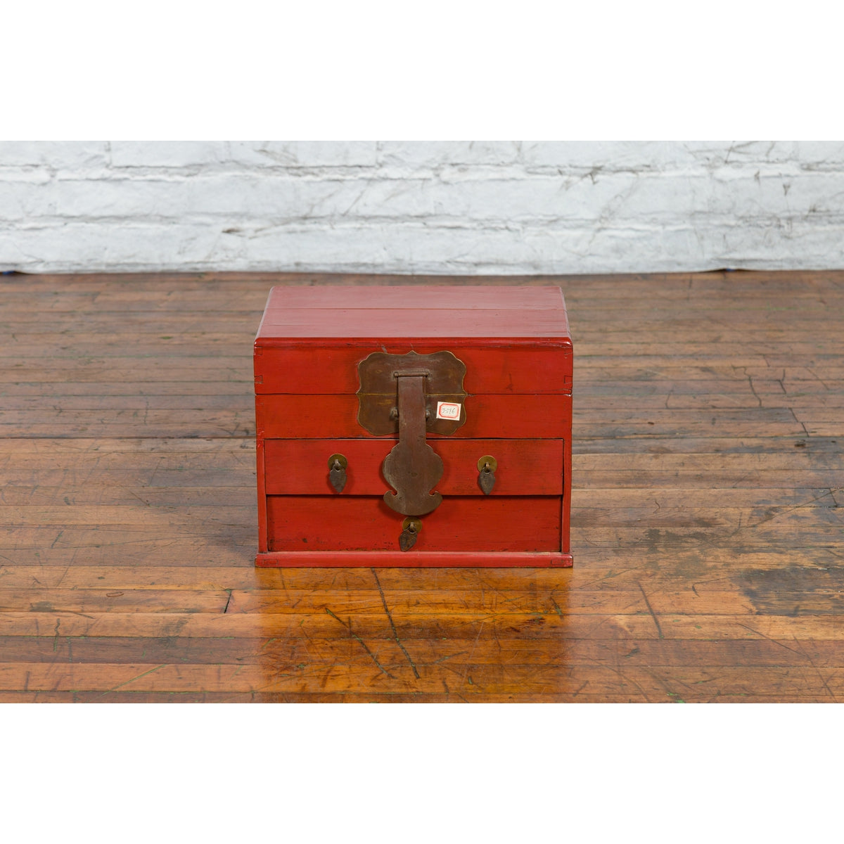 Chinese Early 20th Century Red Lacquer Jewelry Box with Bronze Hardware-3. Asian & Chinese Furniture, Art, Antiques, Vintage Home Décor for sale at FEA Home
