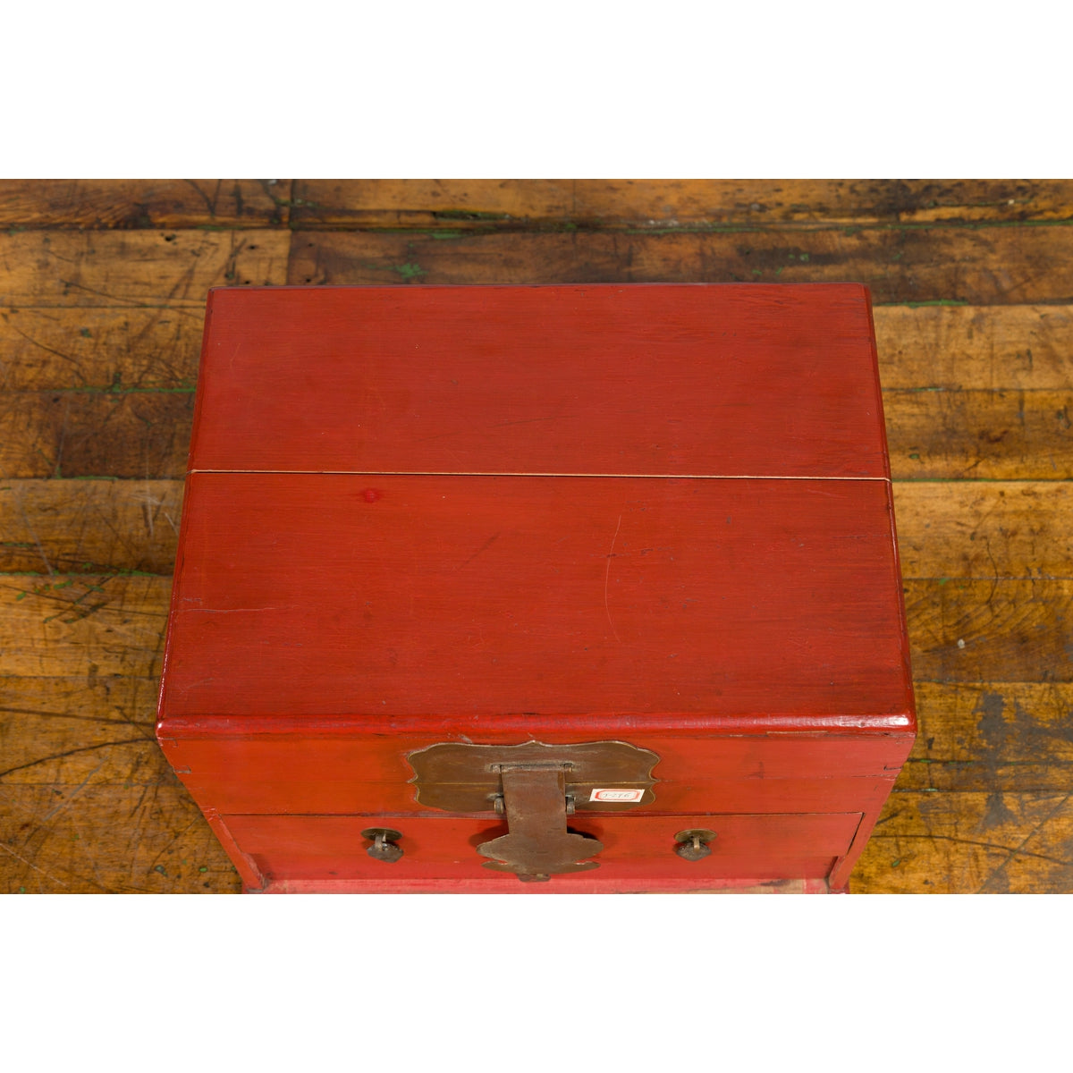 Chinese Early 20th Century Red Lacquer Jewelry Box with Bronze Hardware-6. Asian & Chinese Furniture, Art, Antiques, Vintage Home Décor for sale at FEA Home