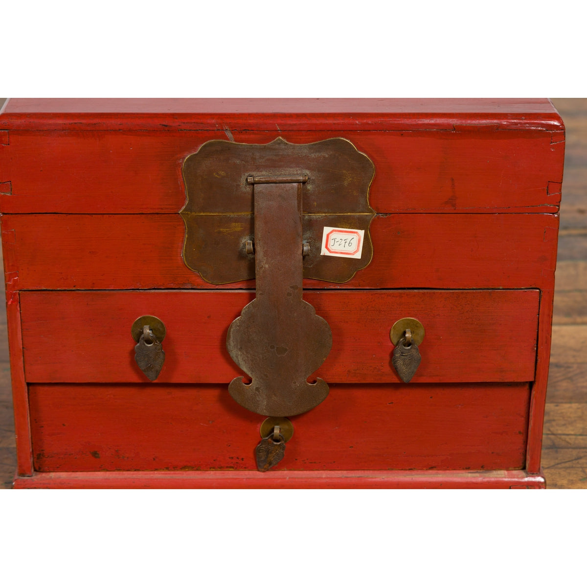 Chinese Early 20th Century Red Lacquer Jewelry Box with Bronze Hardware-9. Asian & Chinese Furniture, Art, Antiques, Vintage Home Décor for sale at FEA Home
