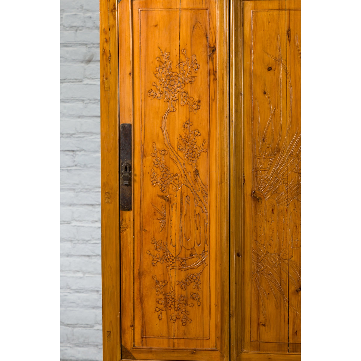 Chinese Qing Dynasty 19th Century Elmwood Armoire with Low-Relief Carved Foliage-10. Asian & Chinese Furniture, Art, Antiques, Vintage Home Décor for sale at FEA Home