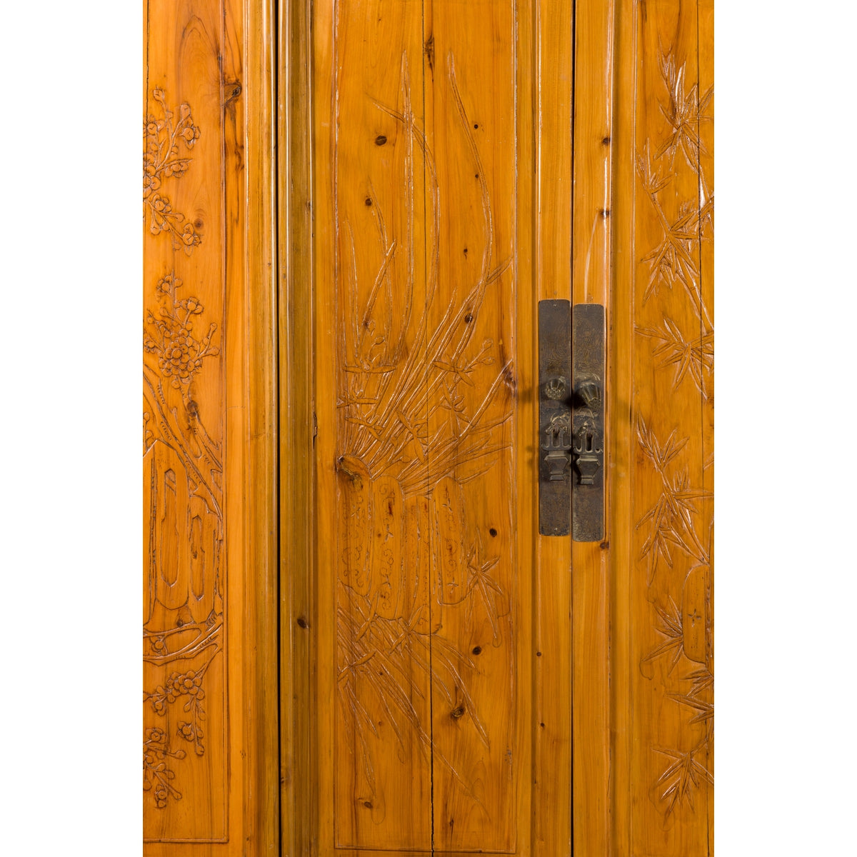 Chinese Qing Dynasty 19th Century Elmwood Armoire with Low-Relief Carved Foliage-11. Asian & Chinese Furniture, Art, Antiques, Vintage Home Décor for sale at FEA Home