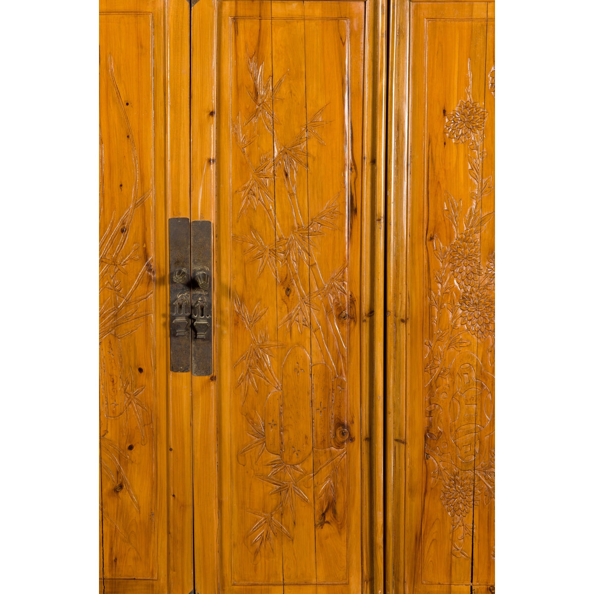 Chinese Qing Dynasty 19th Century Elmwood Armoire with Low-Relief Carved Foliage-12. Asian & Chinese Furniture, Art, Antiques, Vintage Home Décor for sale at FEA Home