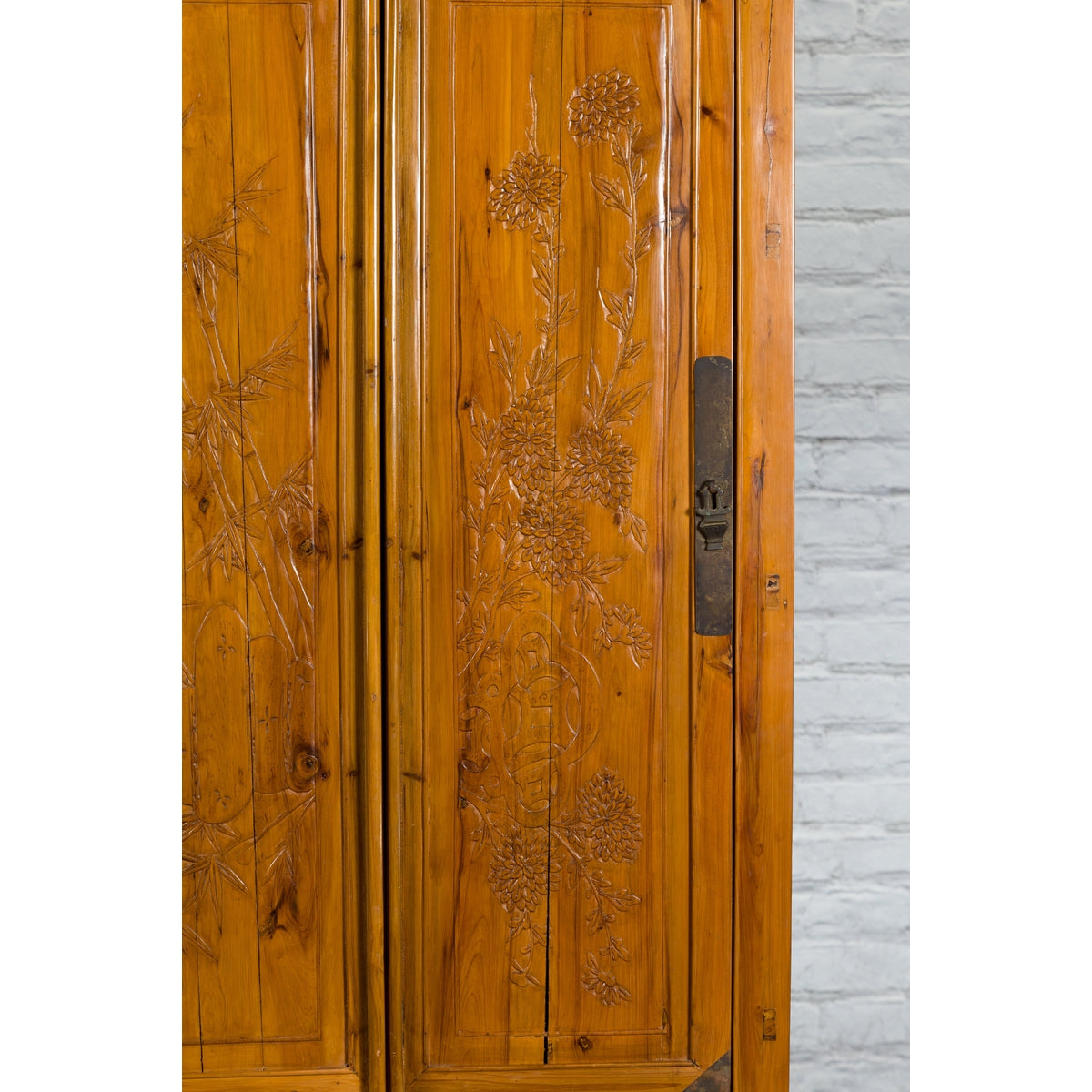 Chinese Qing Dynasty 19th Century Elmwood Armoire with Low-Relief Carved Foliage-13. Asian & Chinese Furniture, Art, Antiques, Vintage Home Décor for sale at FEA Home
