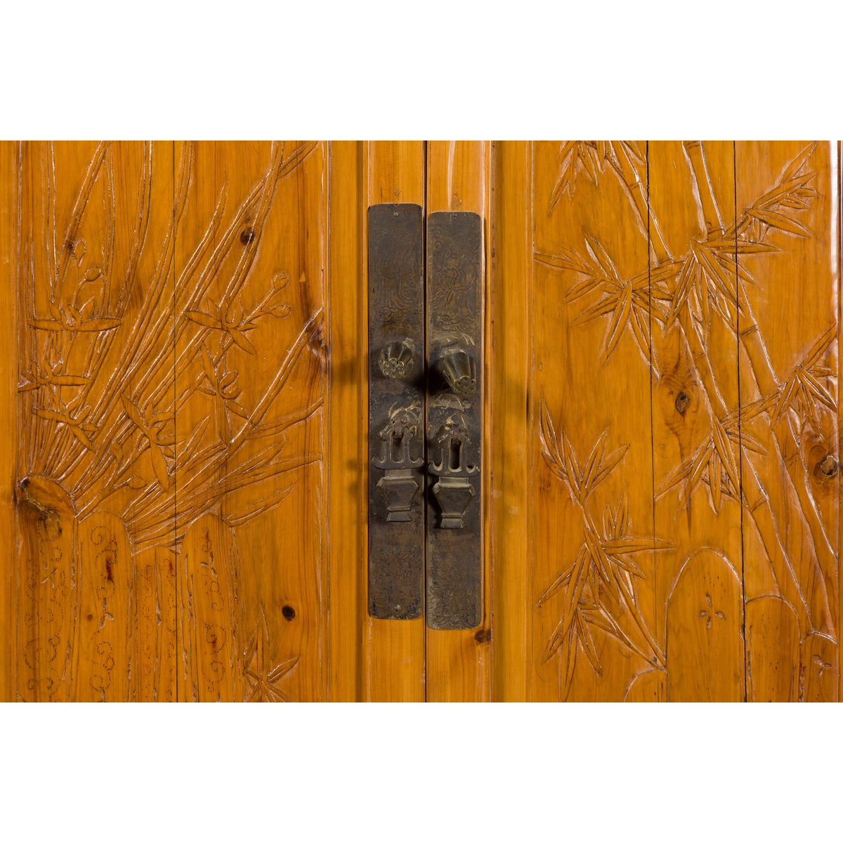 Chinese Qing Dynasty 19th Century Elmwood Armoire with Low-Relief Carved Foliage-14. Asian & Chinese Furniture, Art, Antiques, Vintage Home Décor for sale at FEA Home