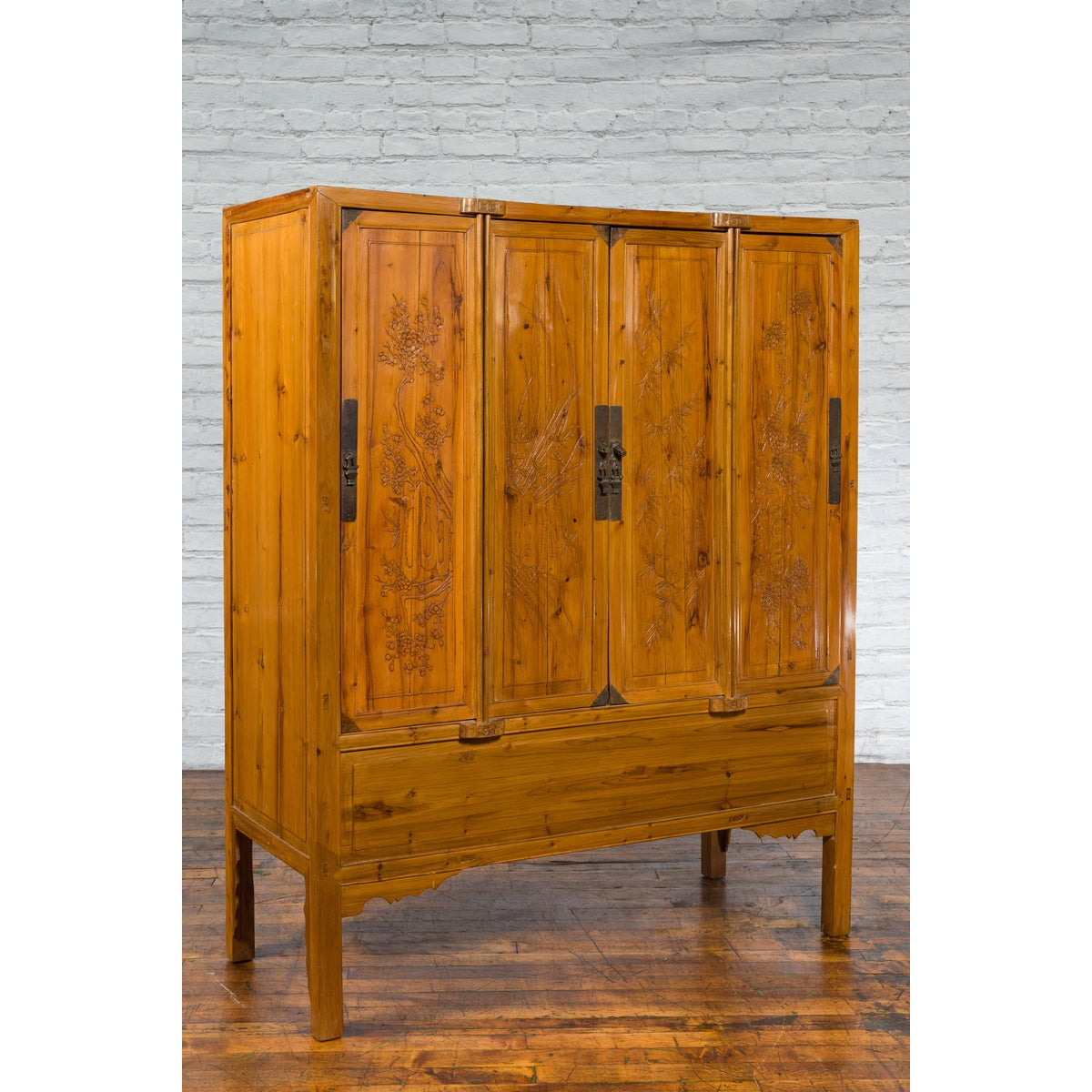 Chinese Qing Dynasty 19th Century Elmwood Armoire with Low-Relief Carved Foliage-15. Asian & Chinese Furniture, Art, Antiques, Vintage Home Décor for sale at FEA Home