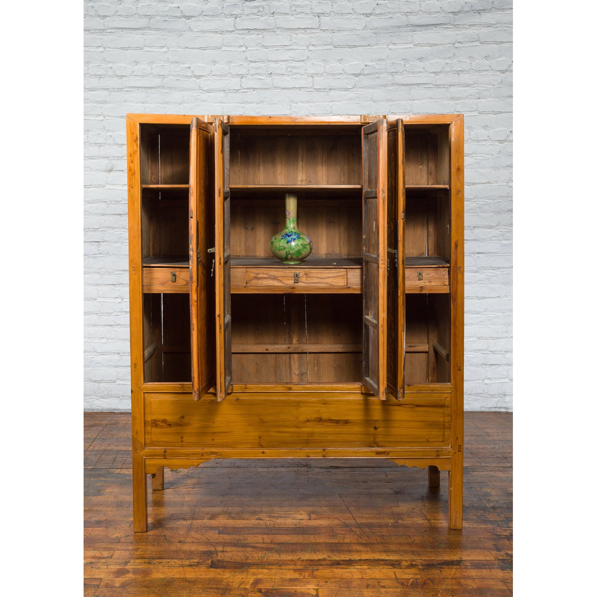 Chinese Qing Dynasty 19th Century Elmwood Armoire with Low-Relief Carved Foliage-3. Asian & Chinese Furniture, Art, Antiques, Vintage Home Décor for sale at FEA Home