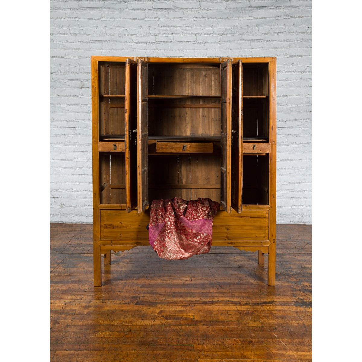 Chinese Qing Dynasty 19th Century Elmwood Armoire with Low-Relief Carved Foliage-4. Asian & Chinese Furniture, Art, Antiques, Vintage Home Décor for sale at FEA Home