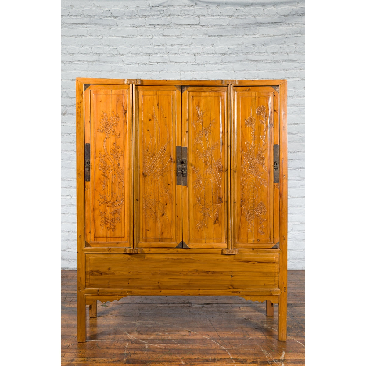Chinese Qing Dynasty 19th Century Elmwood Armoire with Low-Relief Carved Foliage-5. Asian & Chinese Furniture, Art, Antiques, Vintage Home Décor for sale at FEA Home