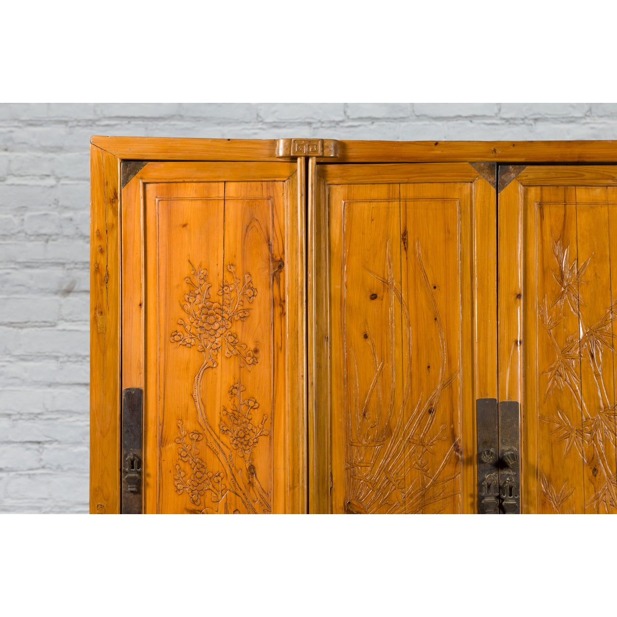 Chinese Qing Dynasty 19th Century Elmwood Armoire with Low-Relief Carved Foliage-6. Asian & Chinese Furniture, Art, Antiques, Vintage Home Décor for sale at FEA Home