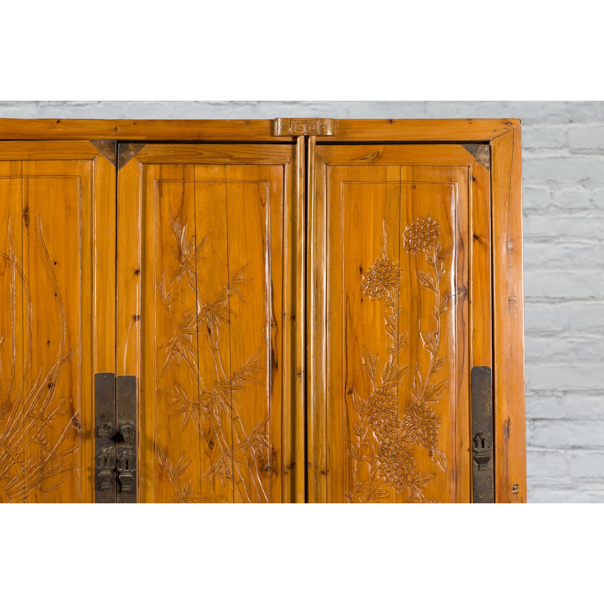 Chinese Qing Dynasty 19th Century Elmwood Armoire with Low-Relief Carved Foliage-7. Asian & Chinese Furniture, Art, Antiques, Vintage Home Décor for sale at FEA Home