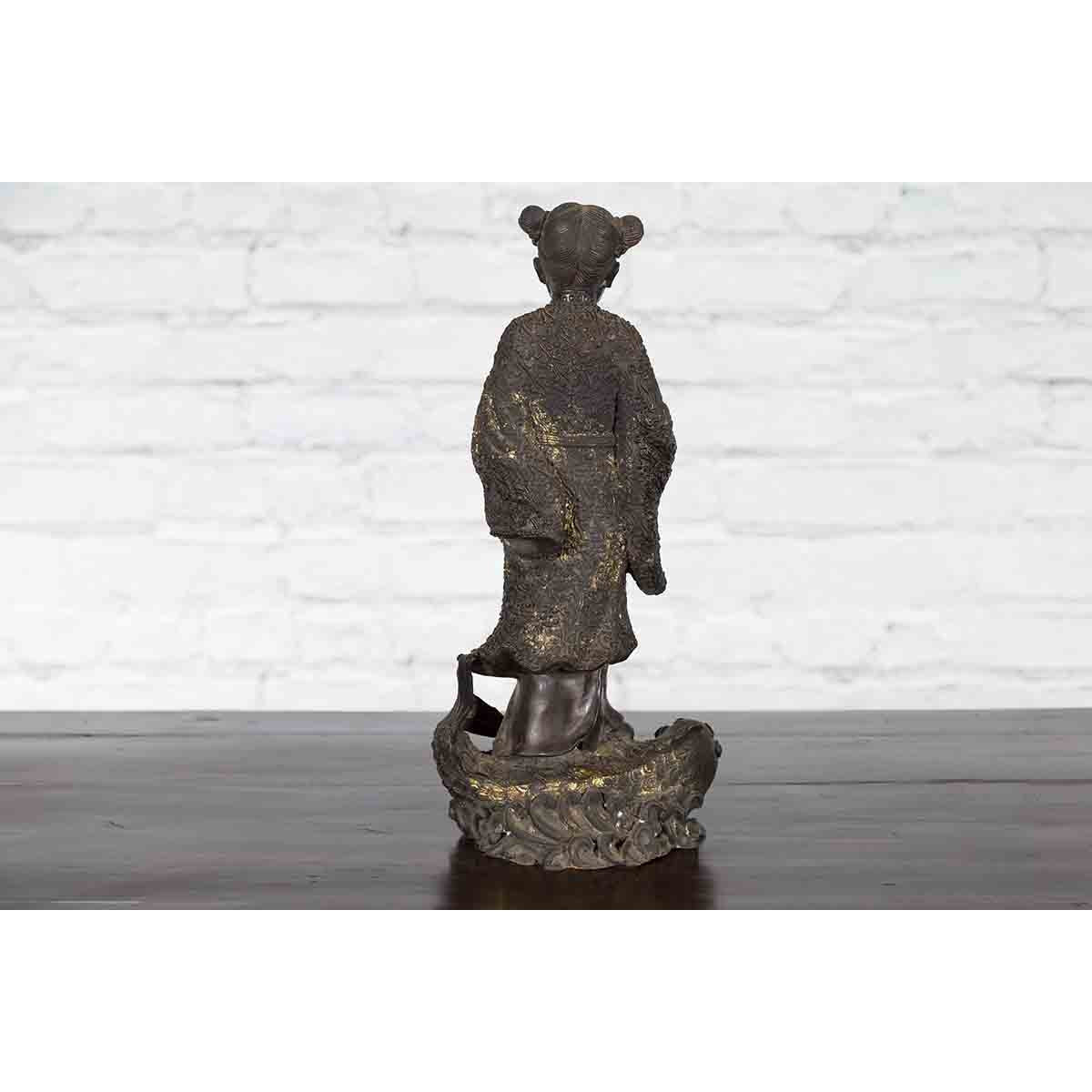 Lost Wax Cast Bronze Statue of a Young Japanese Maiden Standing on a Fish Base-10. Asian & Chinese Furniture, Art, Antiques, Vintage Home Décor for sale at FEA Home