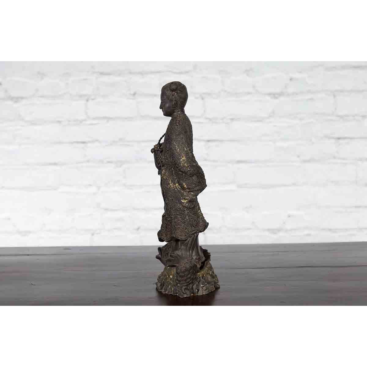 Lost Wax Cast Bronze Statue of a Young Japanese Maiden Standing on a Fish Base-11. Asian & Chinese Furniture, Art, Antiques, Vintage Home Décor for sale at FEA Home