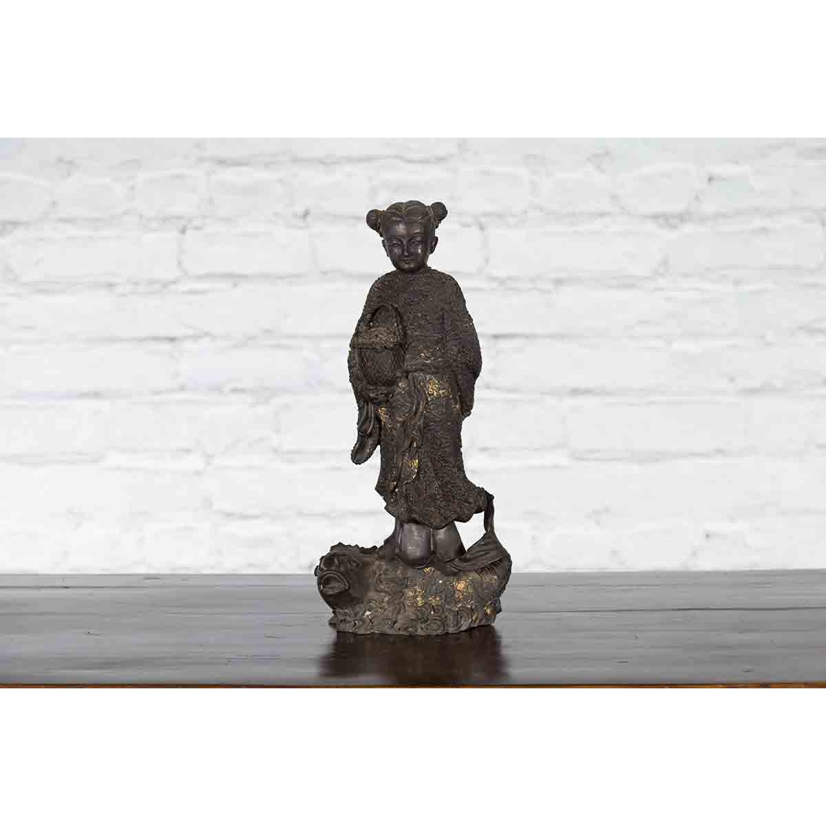Lost Wax Cast Bronze Statue of a Young Japanese Maiden Standing on a Fish Base-4. Asian & Chinese Furniture, Art, Antiques, Vintage Home Décor for sale at FEA Home