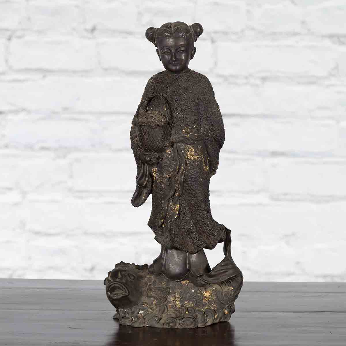 Lost Wax Cast Bronze Statue of a Young Japanese Maiden Standing on a Fish Base-2. Asian & Chinese Furniture, Art, Antiques, Vintage Home Décor for sale at FEA Home