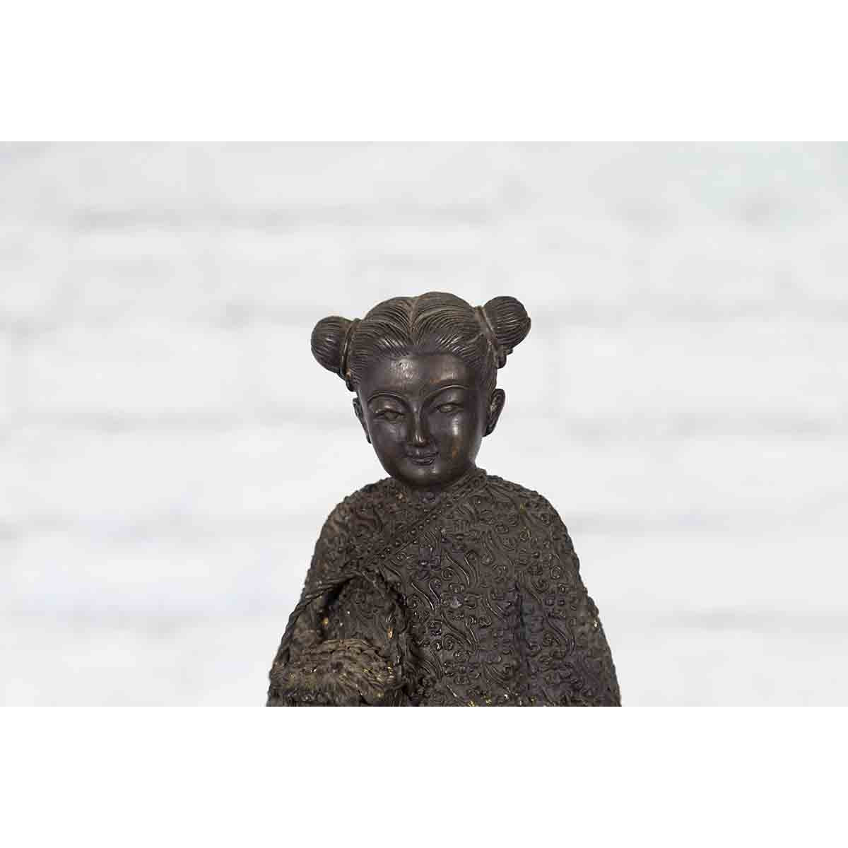 Lost Wax Cast Bronze Statue of a Young Japanese Maiden Standing on a Fish Base-14. Asian & Chinese Furniture, Art, Antiques, Vintage Home Décor for sale at FEA Home