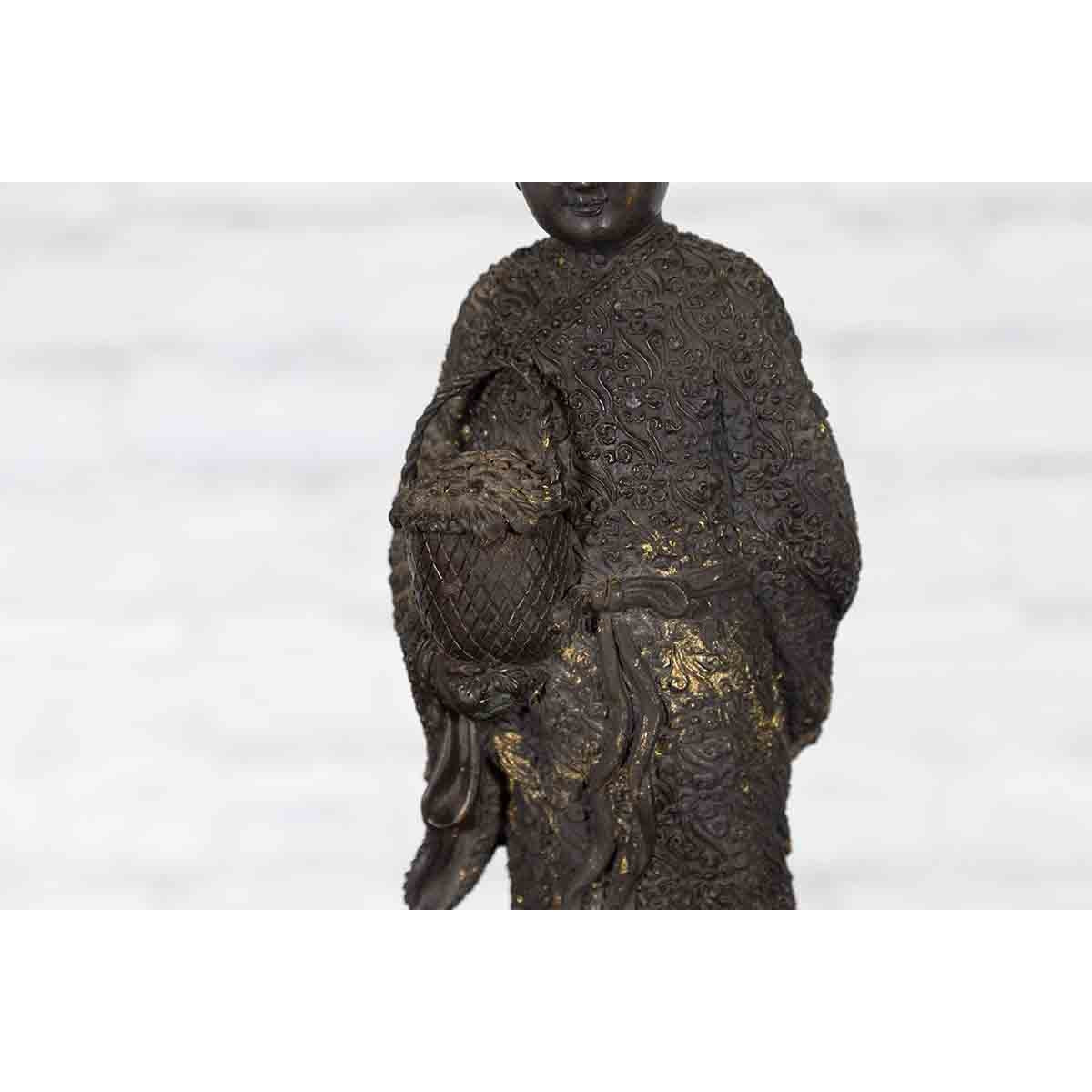 Lost Wax Cast Bronze Statue of a Young Japanese Maiden Standing on a Fish Base-15. Asian & Chinese Furniture, Art, Antiques, Vintage Home Décor for sale at FEA Home