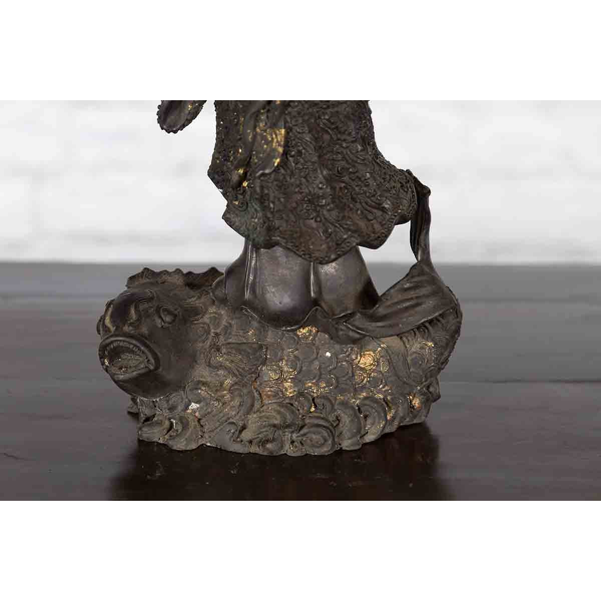 Lost Wax Cast Bronze Statue of a Young Japanese Maiden Standing on a Fish Base-6. Asian & Chinese Furniture, Art, Antiques, Vintage Home Décor for sale at FEA Home