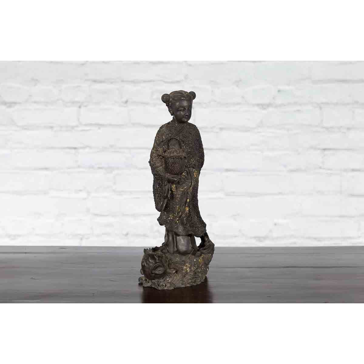 Lost Wax Cast Bronze Statue of a Young Japanese Maiden Standing on a Fish Base-3. Asian & Chinese Furniture, Art, Antiques, Vintage Home Décor for sale at FEA Home