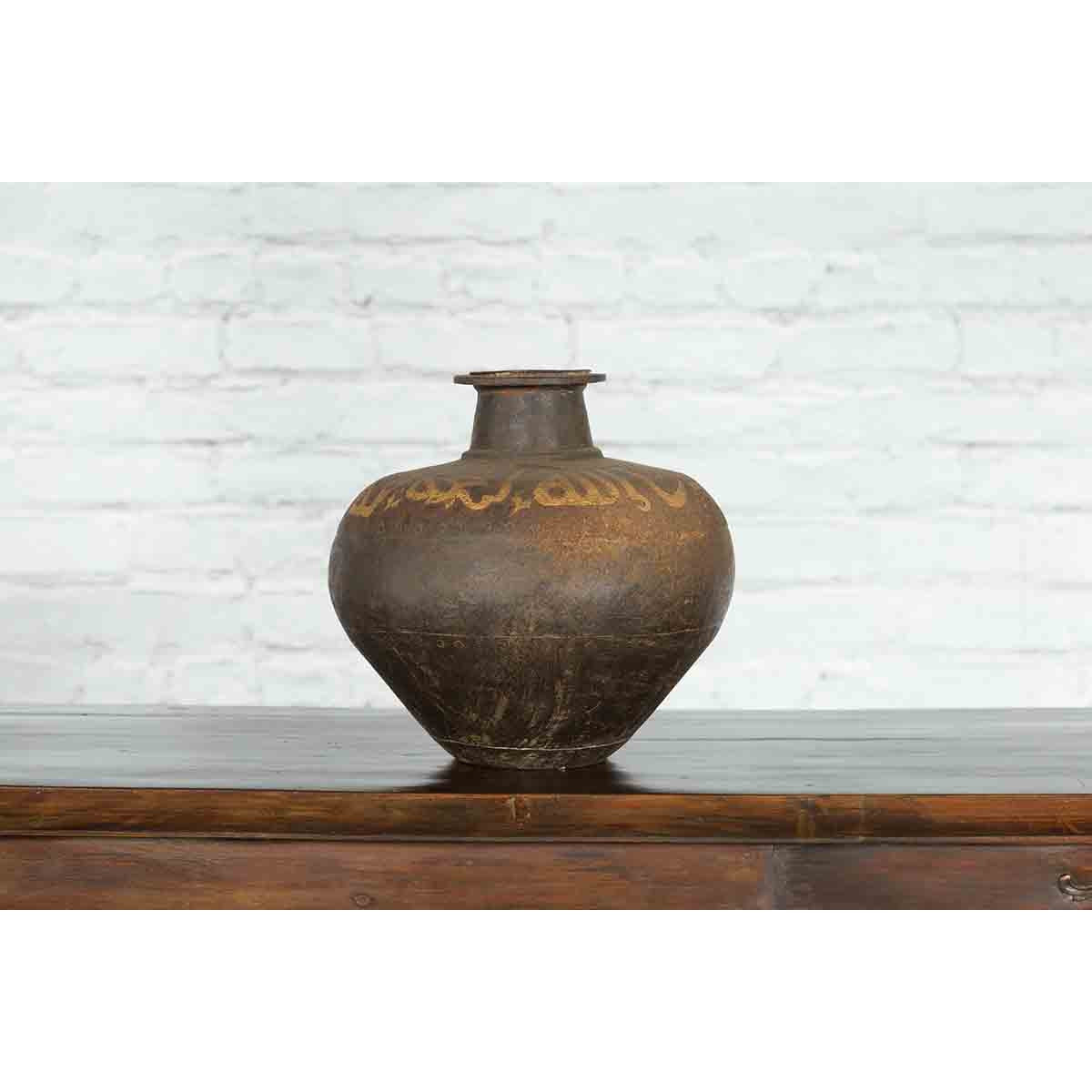 Rustic Indian Vintage Vase with Tapering Lines and Gilded Calligraphy-3. Asian & Chinese Furniture, Art, Antiques, Vintage Home Décor for sale at FEA Home
