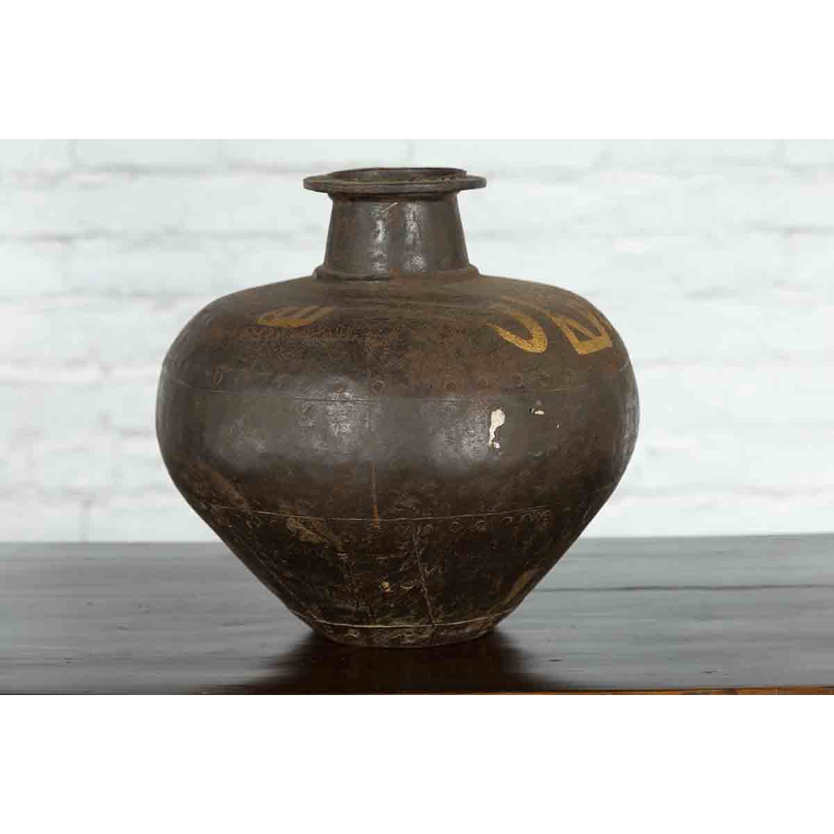 Rustic Indian Vintage Vase with Tapering Lines and Gilded Calligraphy-10. Asian & Chinese Furniture, Art, Antiques, Vintage Home Décor for sale at FEA Home
