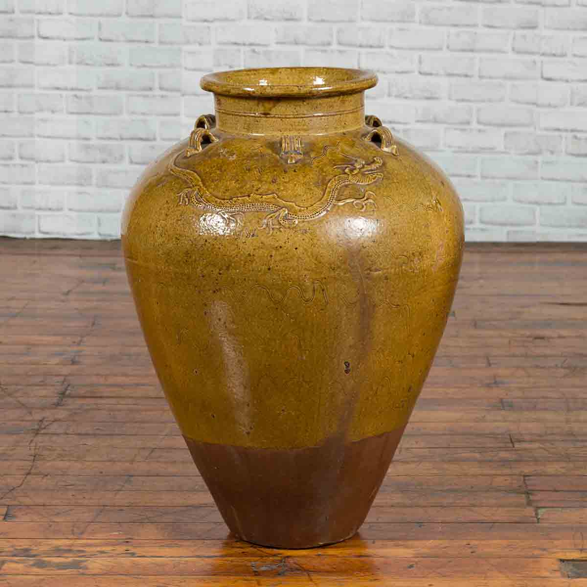 Chinese Antique Martaban Water Jar with Dragon Motifs and Ocher Glaze-2. Asian & Chinese Furniture, Art, Antiques, Vintage Home Décor for sale at FEA Home
