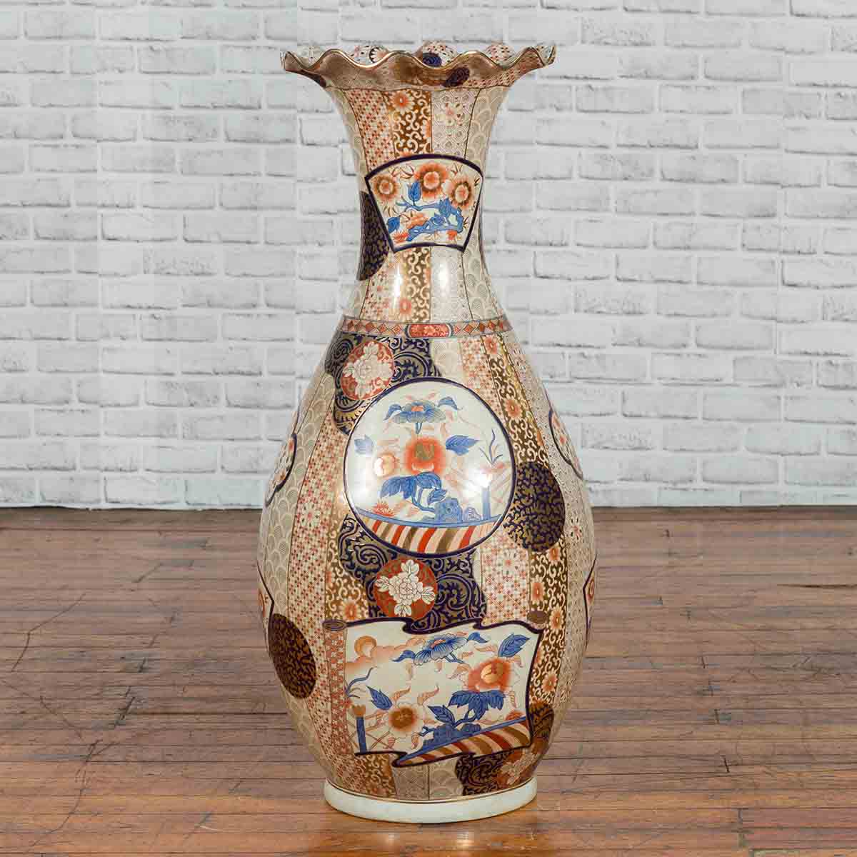 Tall Vintage Chinese Vase with Hand Painted Blue, Orange and Gold Floral Decor-2. Asian & Chinese Furniture, Art, Antiques, Vintage Home Décor for sale at FEA Home