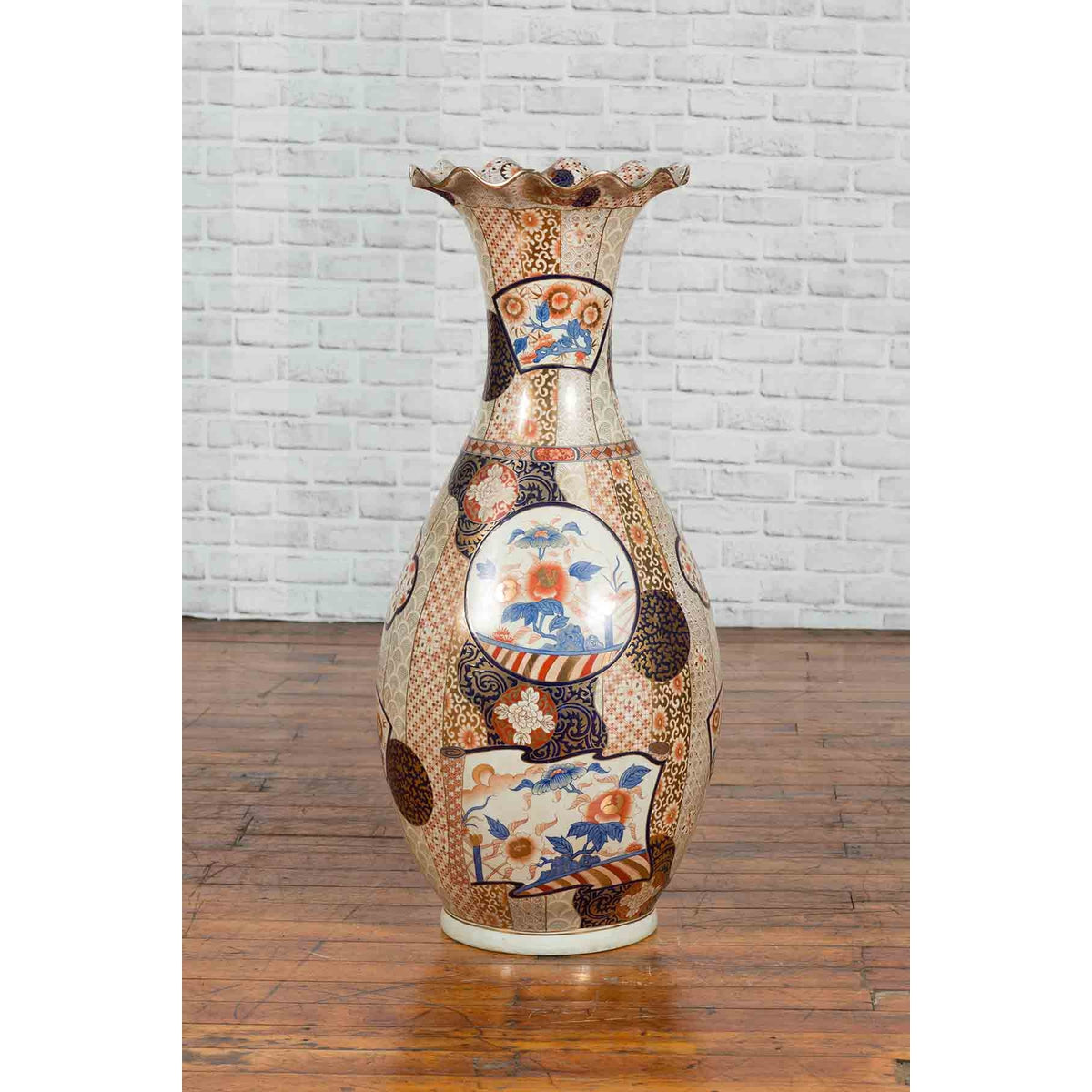 Tall Vintage Chinese Vase with Hand Painted Blue, Orange and Gold Floral Decor-3. Asian & Chinese Furniture, Art, Antiques, Vintage Home Décor for sale at FEA Home