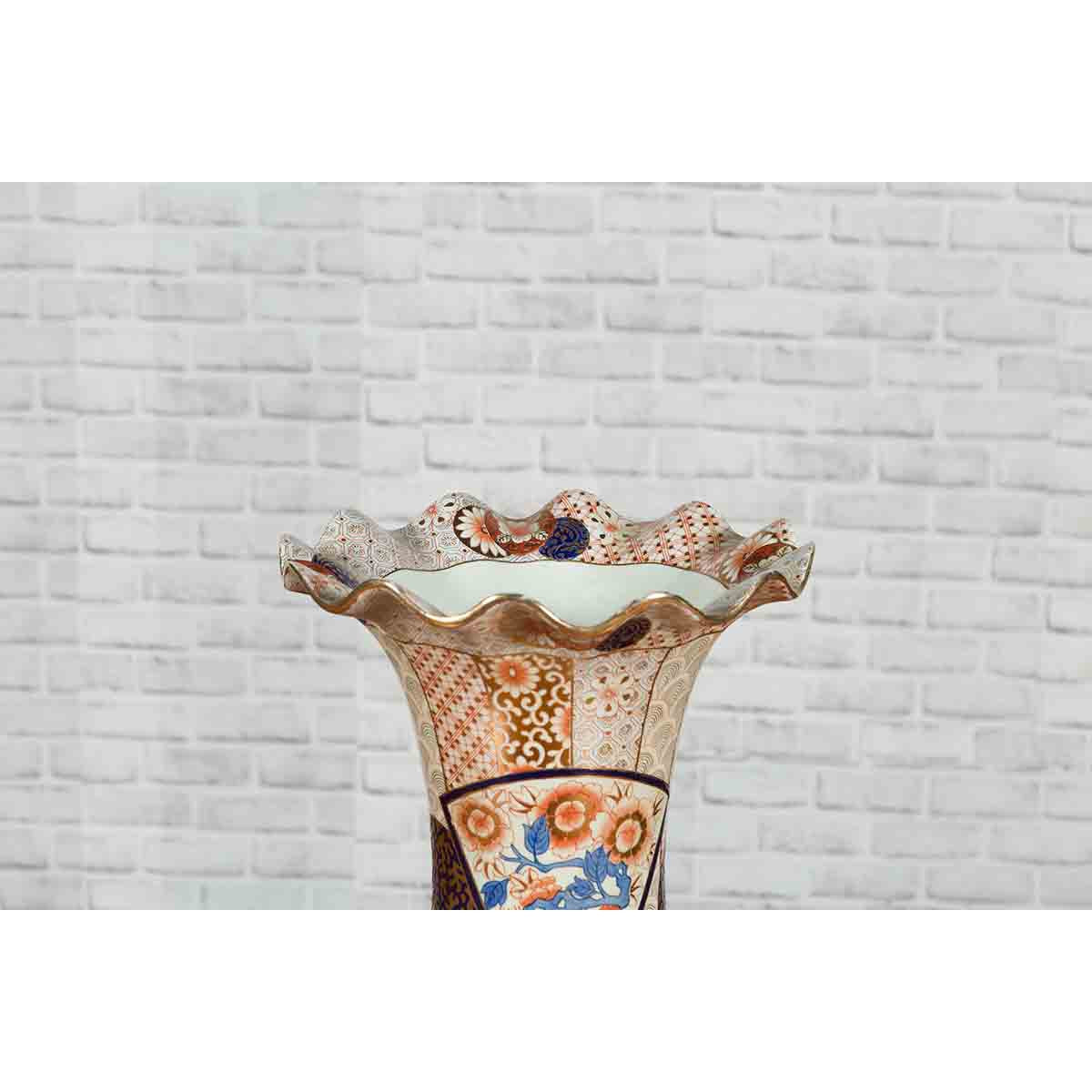 Tall Vintage Chinese Vase with Hand Painted Blue, Orange and Gold Floral Decor-5. Asian & Chinese Furniture, Art, Antiques, Vintage Home Décor for sale at FEA Home