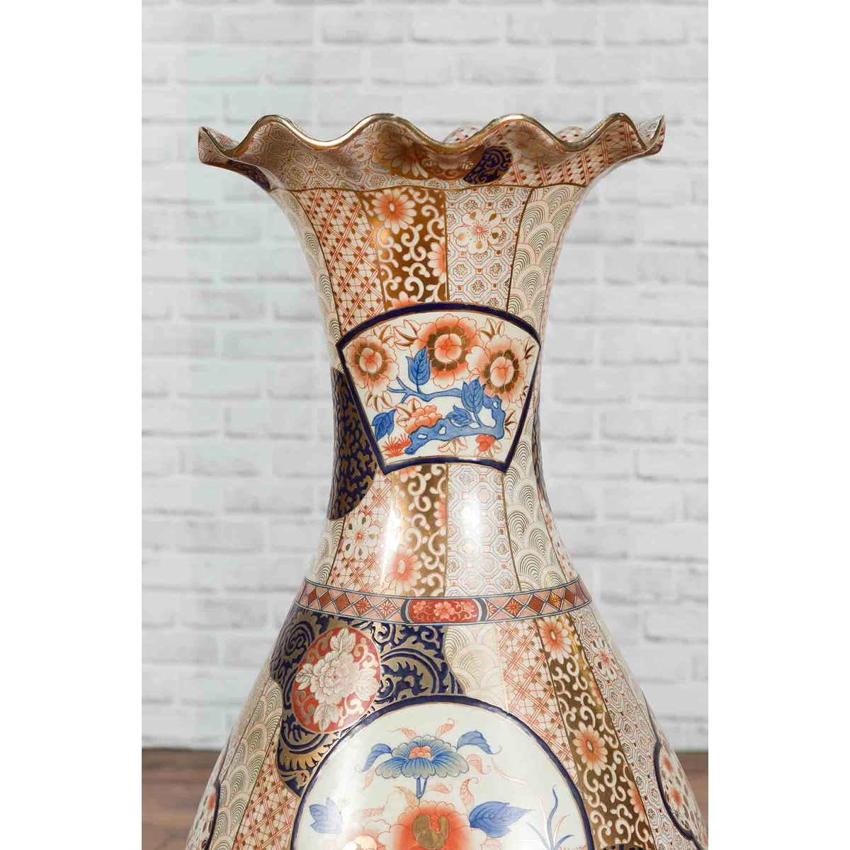 Tall Vintage Chinese Vase with Hand Painted Blue, Orange and Gold Floral Decor-6. Asian & Chinese Furniture, Art, Antiques, Vintage Home Décor for sale at FEA Home