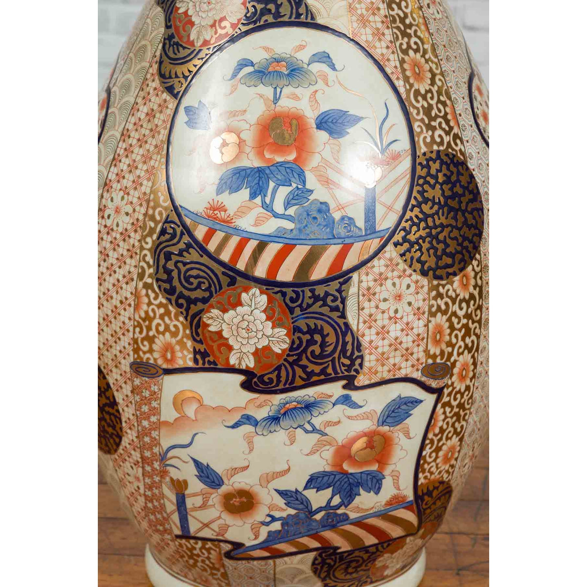 Tall Vintage Chinese Vase with Hand Painted Blue, Orange and Gold Floral Decor-7. Asian & Chinese Furniture, Art, Antiques, Vintage Home Décor for sale at FEA Home