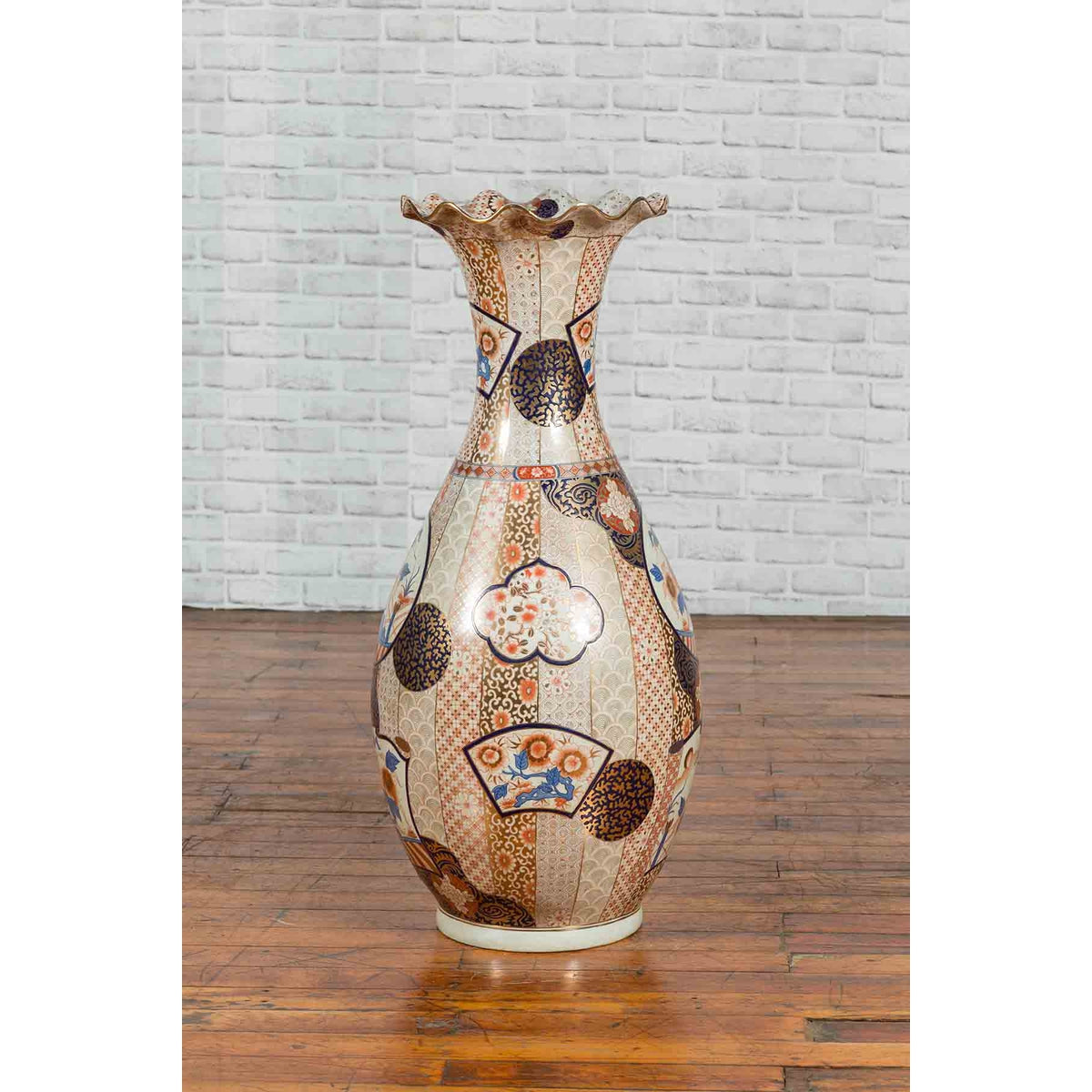 Tall Vintage Chinese Vase with Hand Painted Blue, Orange and Gold Floral Decor-8. Asian & Chinese Furniture, Art, Antiques, Vintage Home Décor for sale at FEA Home