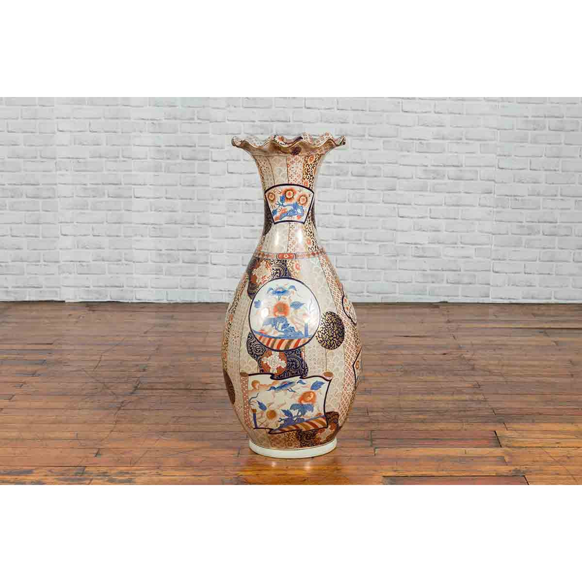 Tall Vintage Chinese Vase with Hand Painted Blue, Orange and Gold Floral Decor-10. Asian & Chinese Furniture, Art, Antiques, Vintage Home Décor for sale at FEA Home