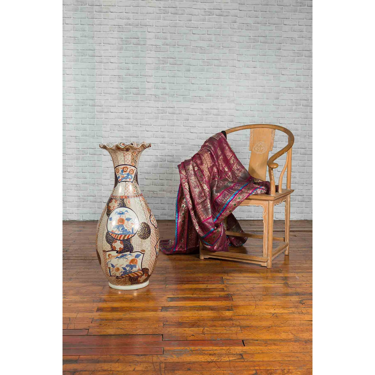 Tall Vintage Chinese Vase with Hand Painted Blue, Orange and Gold Floral Decor-4. Asian & Chinese Furniture, Art, Antiques, Vintage Home Décor for sale at FEA Home