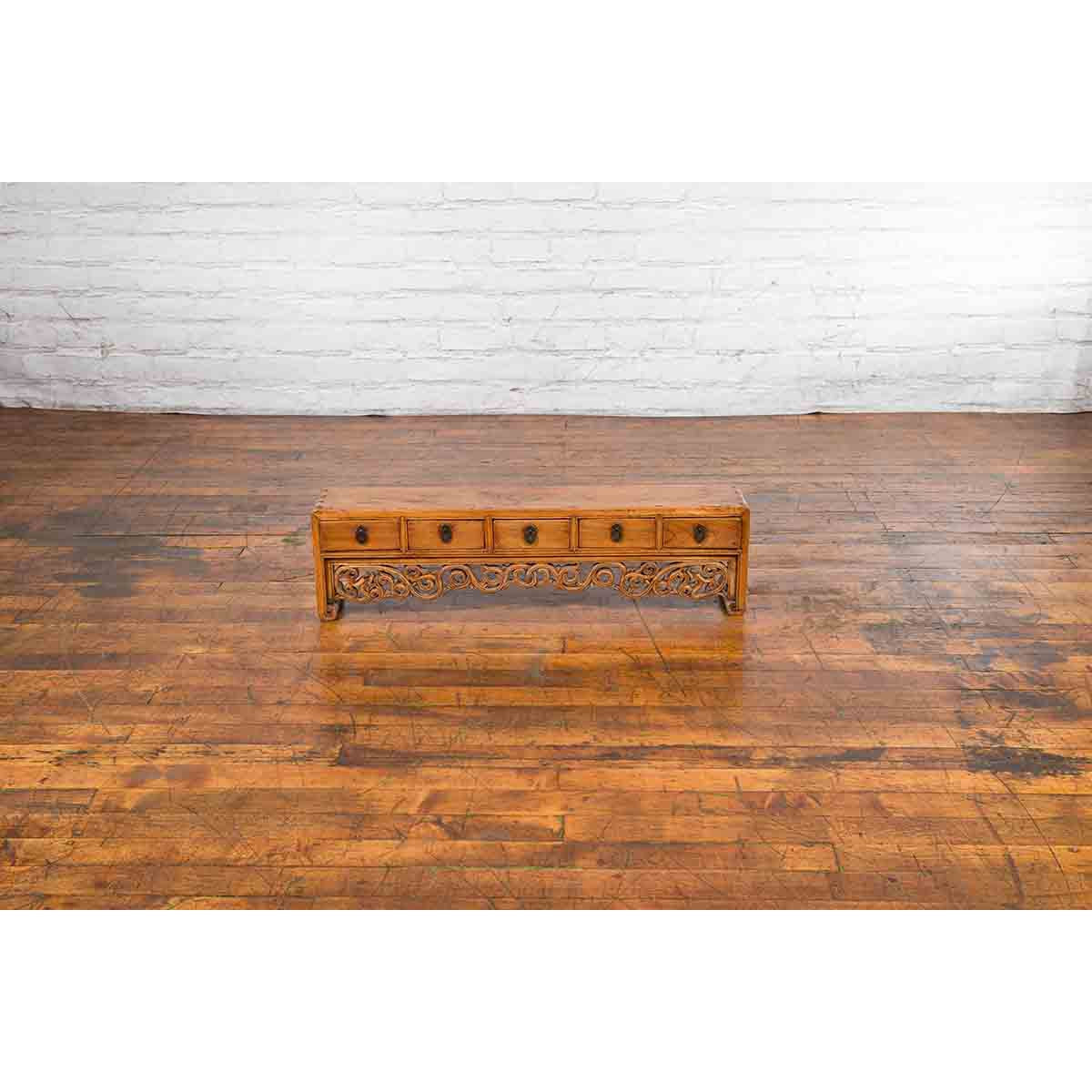 Chinese Qing Dynasty 19th Century Low Kang Cabinet with Carved Scrolling Apron-5. Asian & Chinese Furniture, Art, Antiques, Vintage Home Décor for sale at FEA Home