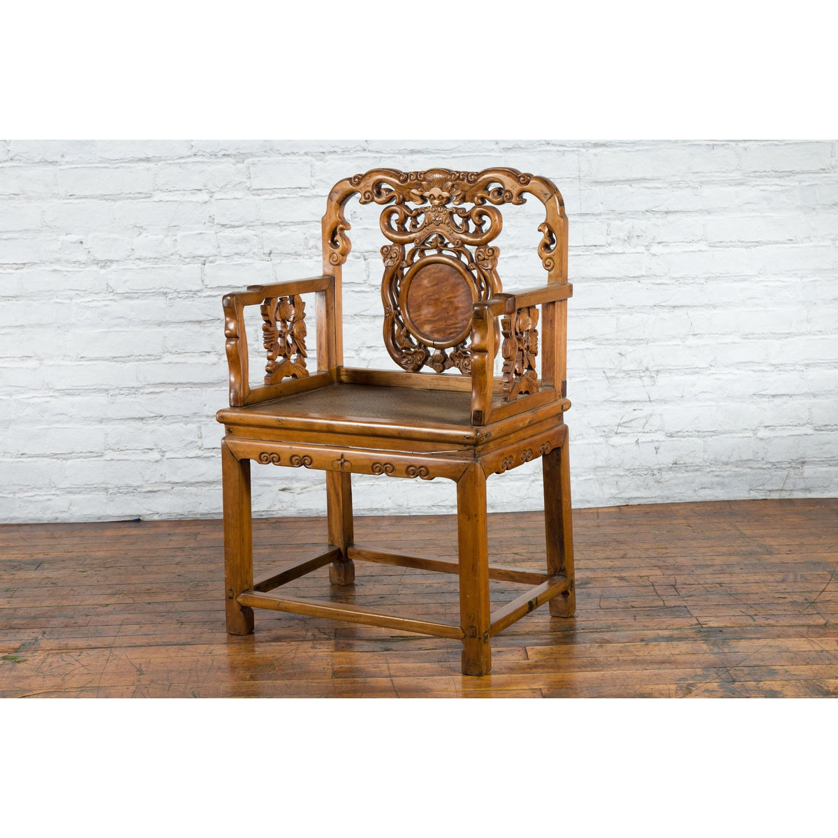 Chinese Antique Carved Wood Armchair with Medallion, Mythical Animal and Clouds-14. Asian & Chinese Furniture, Art, Antiques, Vintage Home Décor for sale at FEA Home