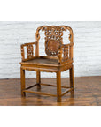 Chinese Antique Carved Wood Armchair with Medallion, Mythical Animal and Clouds-14. Asian & Chinese Furniture, Art, Antiques, Vintage Home Décor for sale at FEA Home