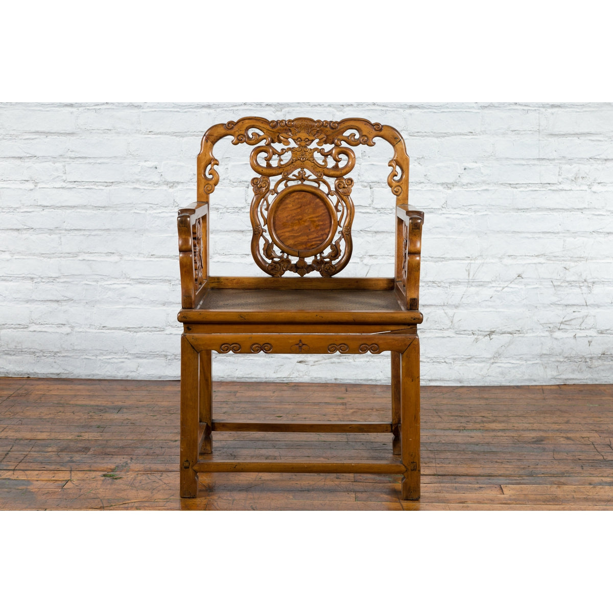 Chinese Antique Carved Wood Armchair with Medallion, Mythical Animal and Clouds-2. Asian & Chinese Furniture, Art, Antiques, Vintage Home Décor for sale at FEA Home