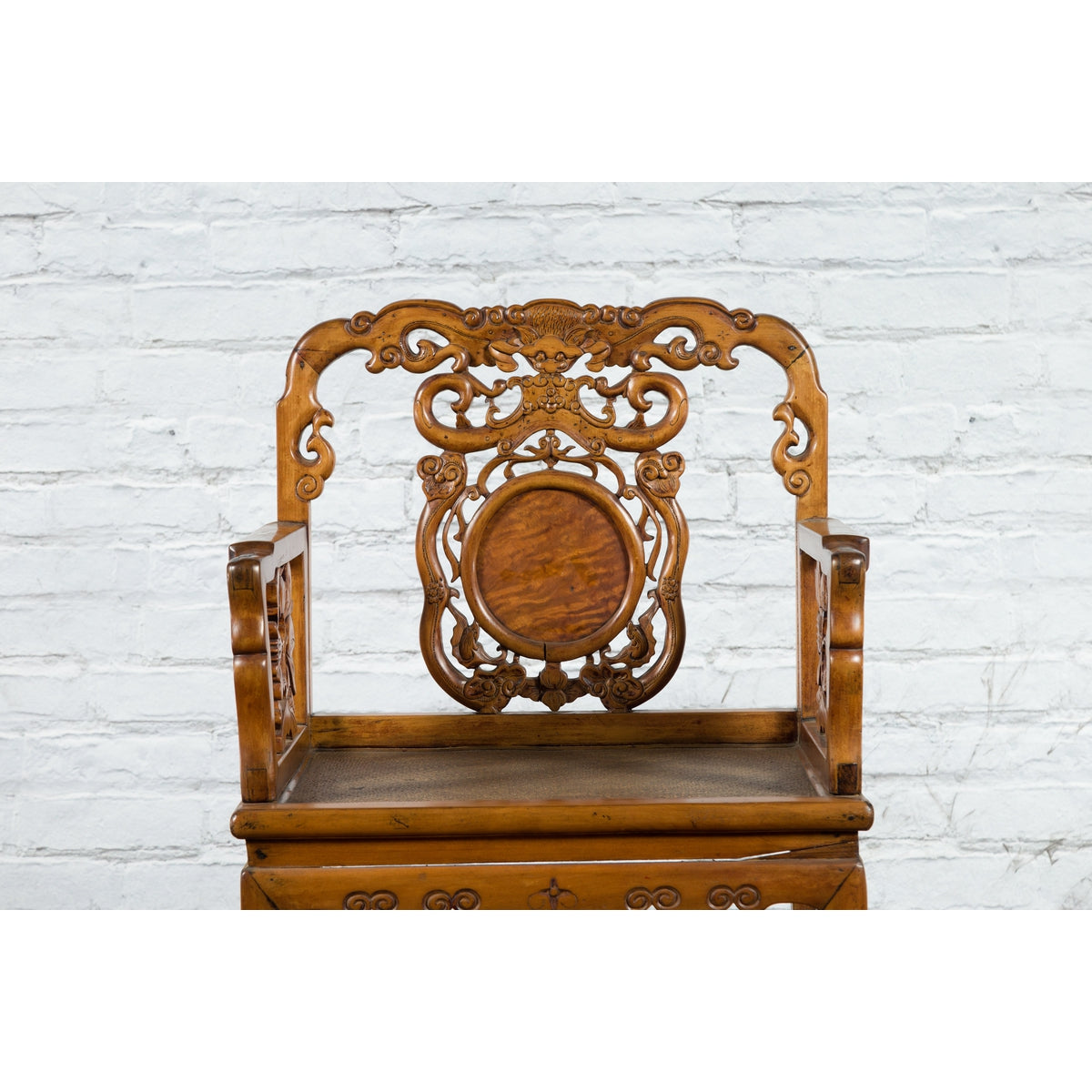 Chinese Antique Carved Wood Armchair with Medallion, Mythical Animal and Clouds-4. Asian & Chinese Furniture, Art, Antiques, Vintage Home Décor for sale at FEA Home