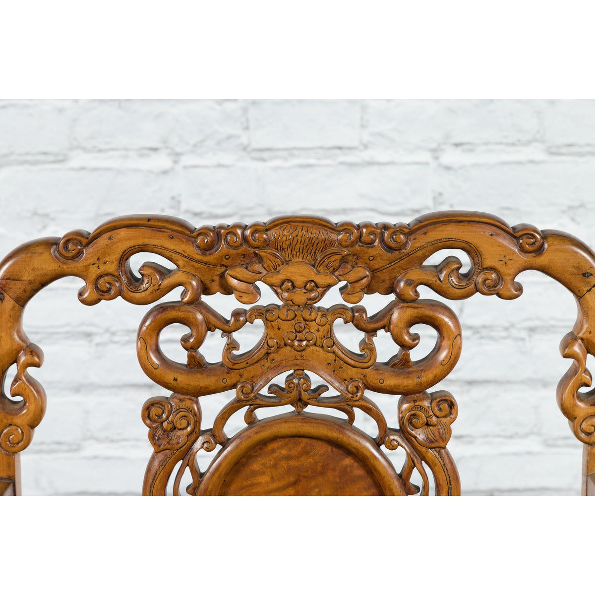 Chinese Antique Carved Wood Armchair with Medallion, Mythical Animal and Clouds-6. Asian & Chinese Furniture, Art, Antiques, Vintage Home Décor for sale at FEA Home