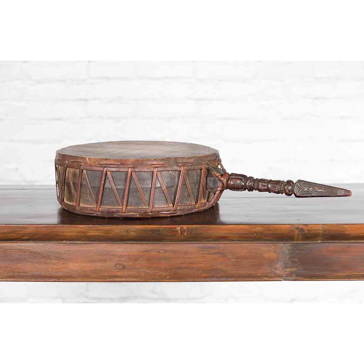 Nepalese Antique Leather Hand Drum with Carved Wooden Handle-4. Asian & Chinese Furniture, Art, Antiques, Vintage Home Décor for sale at FEA Home