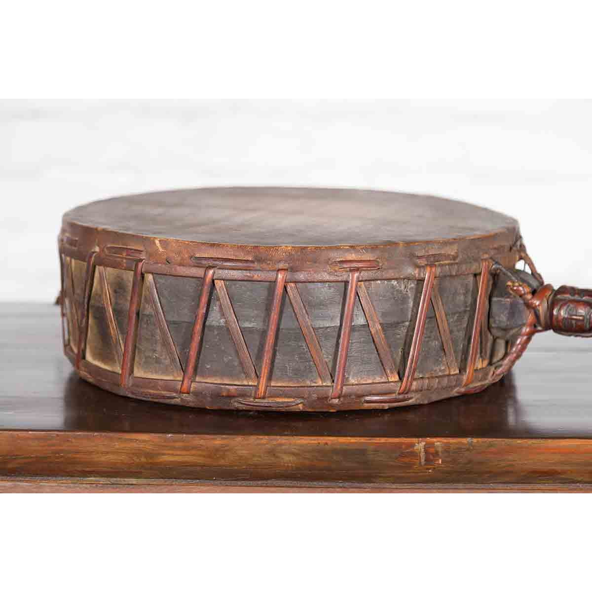 Nepalese Antique Leather Hand Drum with Carved Wooden Handle-5. Asian & Chinese Furniture, Art, Antiques, Vintage Home Décor for sale at FEA Home