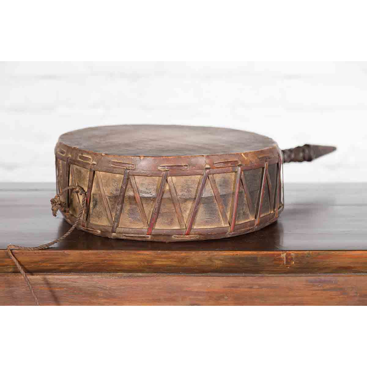 Nepalese Antique Leather Hand Drum with Carved Wooden Handle-7. Asian & Chinese Furniture, Art, Antiques, Vintage Home Décor for sale at FEA Home